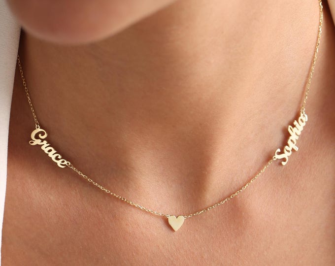 Two Name Necklace with heart  , Family Names Necklaces , Mother's Day gifts