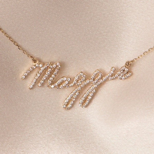 14k massief gouden diamanten naamketting, gouden naamketting, gepersonaliseerde sieraden, gepersonaliseerde geschenken, Moederdagcadeau, naamketting