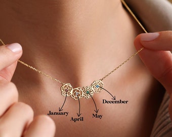 Personalized Christmas Gift, Birthflower Necklace with Birthstone, Birthstones Bouquet Necklace, Personalized necklace, Christmas day gifts