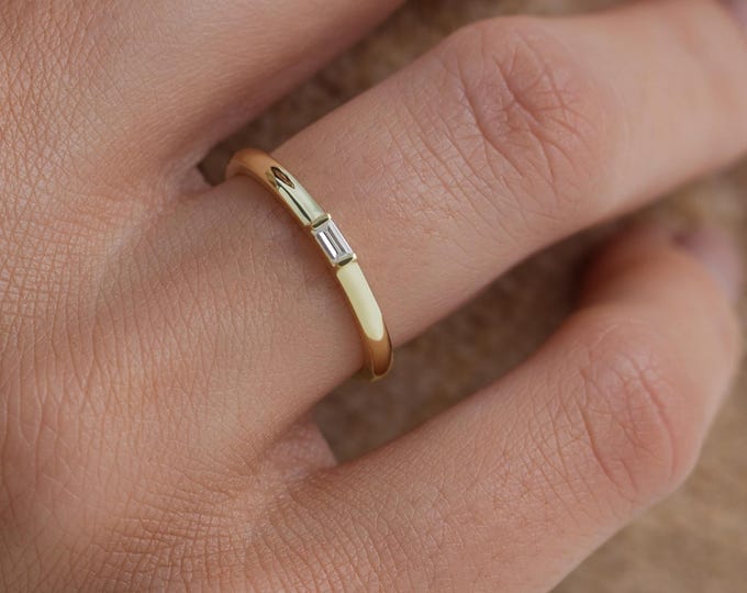 14K Gold Baguette Birthstone Ring, Dainty Stacking Ring , Mothers Day Gifts