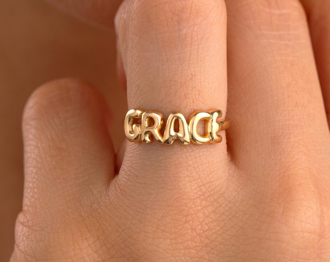 Personalized Custom Name Ring, Dainty Name Ring, Gold Bubble Name Ring, 14K Solid Gold Name Ring, Ring for Women, Mothers Day Gifts