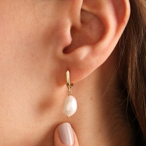 14 Gold Pearl Earrings, Fresh Water Pearl Earrings, Hoop Pearl Earrings, Bridesmaid Gifts , Anniversary Gift, Wedding jewelry, Pearl Jewelry image 2