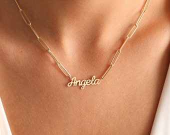 14k gold Name Necklace , Gold Name Necklace , Dainty Name Necklace in Minimalist Link Chain in Sterling Silver, Gold and Rose Gold