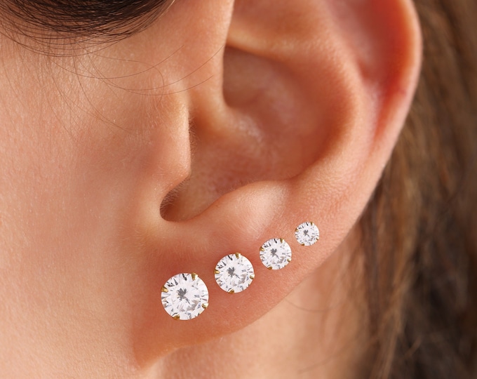 14K Gold Stud Earring, Diamond Stud Earrings, Minimalist Earrings, CZ Stud Earrings, Round Diamond Solitaire Stud, Christmas Gifts