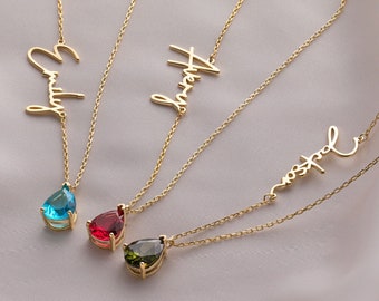 Collier de nom délicat, collier de nom personnalisé de pierre de naissance personnalisé, cadeau de Noël pour les femmes, bijoux de Noël pour elle, goutte de pierre de naissance