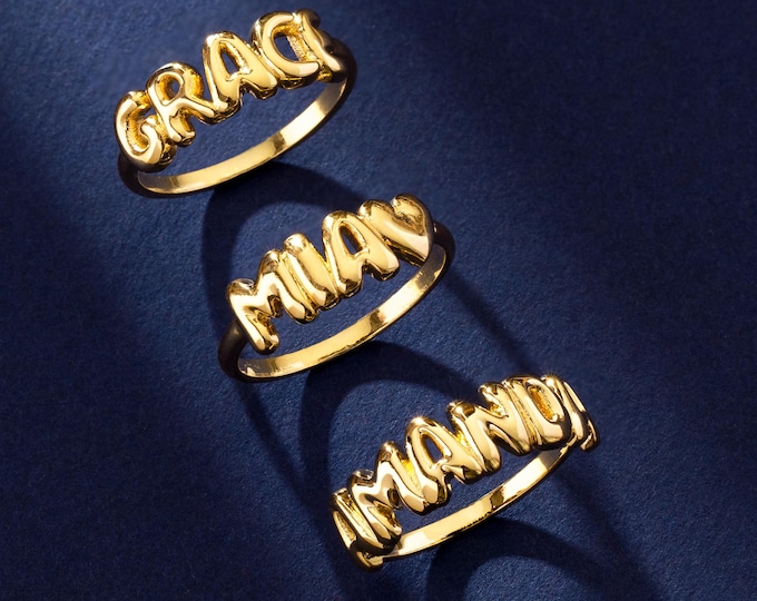 14k solid gold name ring , Personalized Custom Name Ring, Gold Bubble Name Ring, 14K Solid Gold Name Ring, Ring for Women, Mothers Day Gifts