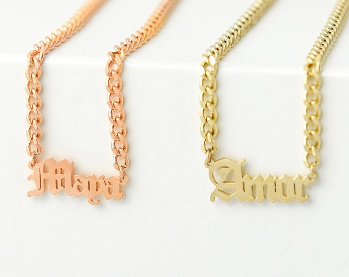 Gothic Name Necklace - Gold Name Necklace  - Curb Name necklace  -  Name necklace with Curb Chain , Personalized Jewelry,mother day jewelry