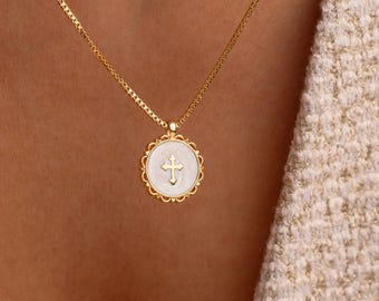 Gold Enamel Dainty Cross Necklace, Tiny Cross Necklace, Religious Necklace, Christian Gift for her, Mothers Day Gift