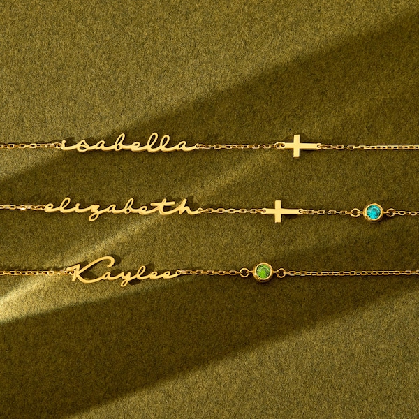 Personalized Name Bracelet with Birthstone, Tiny Gold Cross Bracelet, Mothers Day Gift, Christian Jewelry Cross, Birthstone Bracelet