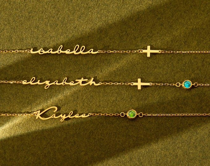 Personalized Name Bracelet with Birthstone, Tiny Gold Cross Bracelet, Signature Name Bracelet,Christian Jewelry Cross, Birthstone Bracelet
