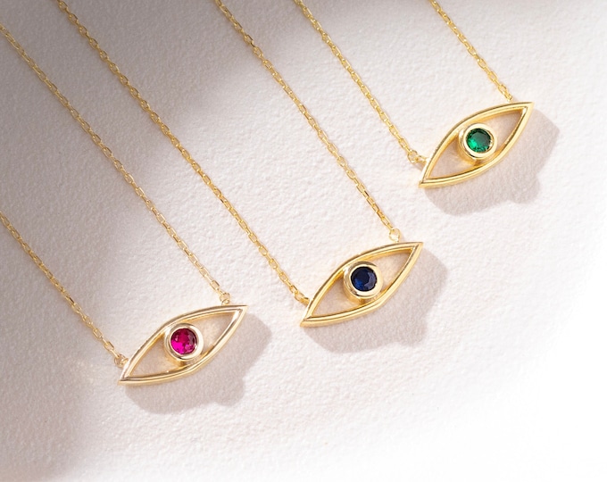 Birthstone Evil Eye Necklace, 14k Gold Evil Eye Necklace, Minimalist Necklace, Evil Eye Charm, Gift For Her, Birthday Gift, Christmas Gifts