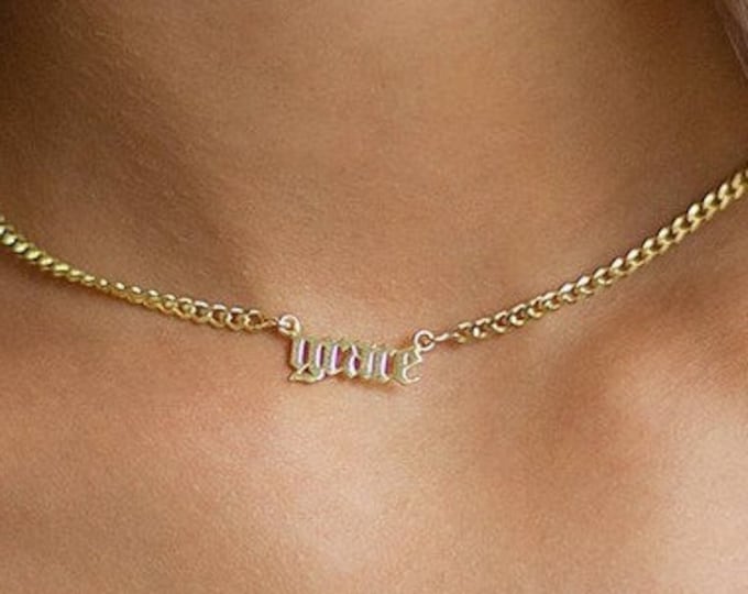 Gothic Name Necklace , Gold Name Necklace ,14k solid gold Name necklace , Choker  , Mothers Day Gift , Personalized Gift ,Gift for her ,