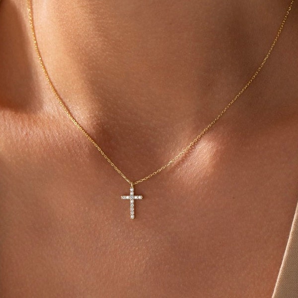14k solid gold Kreuz Halskette, zierliche Kreuz Halskette, Minimalist Halskette, Taufe Halskette, 10K Gold Kreuz Halskette, Geschenk für sie