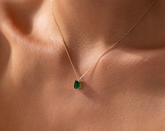 14k Solid Gold rechthoek Emerald ketting, 10k gouden minimalistische ketting, Emerald ketting, sierlijke ketting, Moederdag cadeau, cadeau voor haar