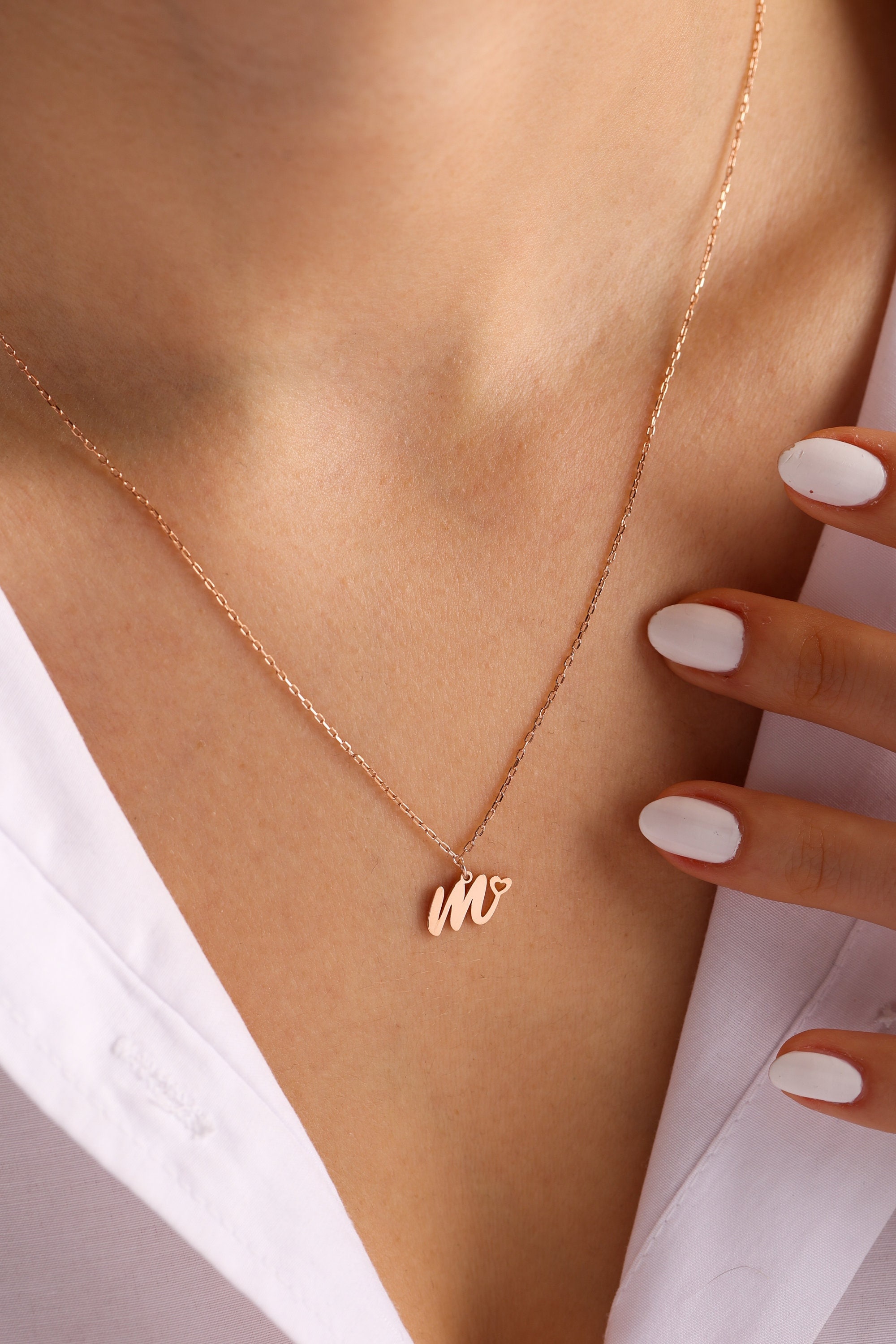 Heart Initial Necklace Rose Gold / I