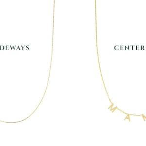 May include: Two gold necklaces with letter charms. The necklace on the left has the letters "C" and "B" hanging sideways. The necklace on the right has the letters "MAMA" hanging centered.
