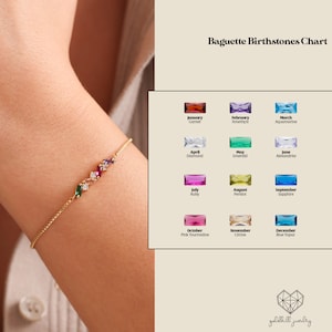 May include: A chart showing the birthstones for each month of the year, with the stones displayed in a baguette shape. The chart is titled "Baguette Birthstones Chart".