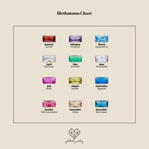 May include: A chart showing the birthstones for each month of the year. The chart is divided into twelve squares, each with a different colored gemstone. The gemstones are: Garnet, Amethyst, Aquamarine, Diamond, Emerald, Alexandrite, Ruby, Peridot, Sapphire, Pink Tourmaline, Citrine, and Blue Topaz.