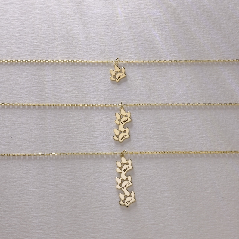 May include: Three gold necklaces with paw print charms. The charms are engraved with the names Sophia, Daisy, Sadie, Bella, Simba, and Tiger.