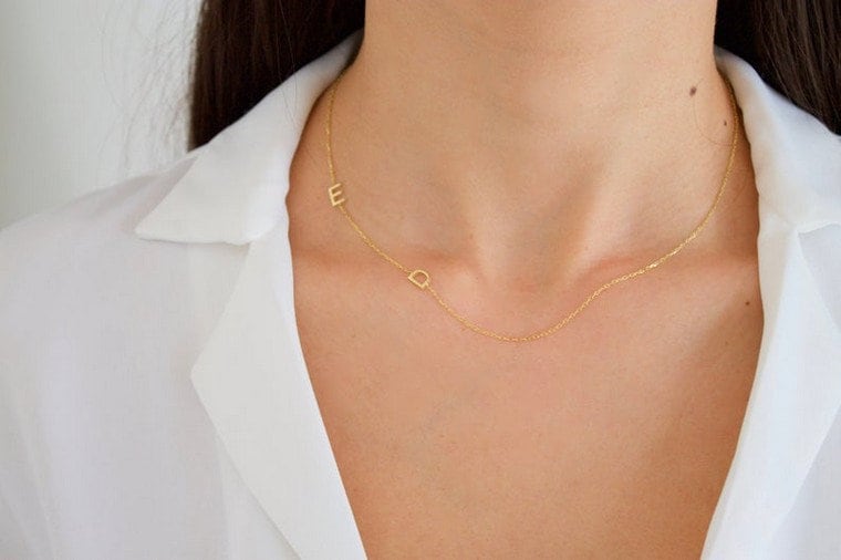 14K Solid Gold Two Initials Necklace Sideways Initial Minimalist Necklace |  eBay