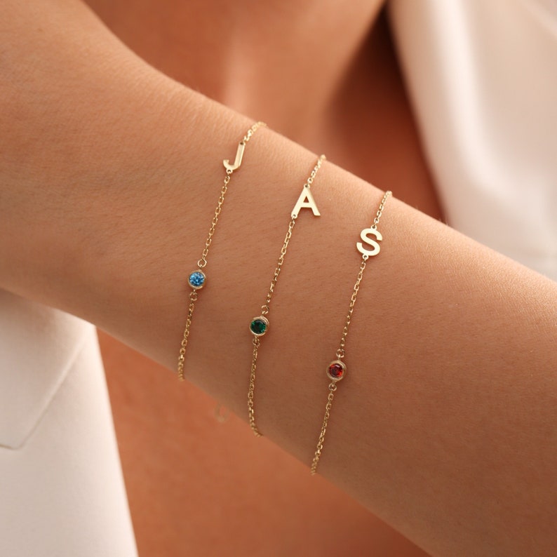 14k Gold initial Bracelet , Personalized Birthstone initial Bracelet , Letter Bracelet, Personalized jewelry, Gift for Her, Mothers Day Gift image 1