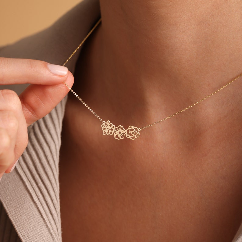 14K Massivgold Geburtsblumen Halskette, Familienkette für Mama, Geburtsblumenschmuck, personalisierte Geschenke, Muttertagsgeschenke, Geschenk für Oma Bild 8