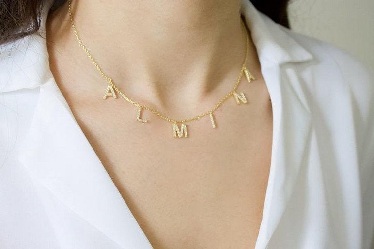 Gold dangle name necklace sale