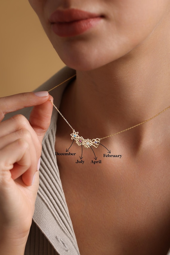Dainty Birthflower necklace , Personalized Christmas Gift, Birthflower Necklace with Birthstone, Family necklace, Mothers Day Gift