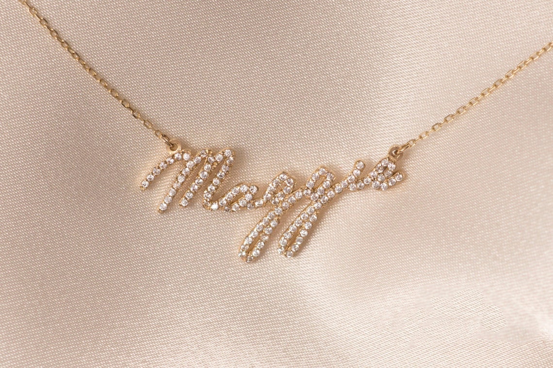 14k Solid Gold Diamond Name Necklace Gold Name Necklace Etsy UK
