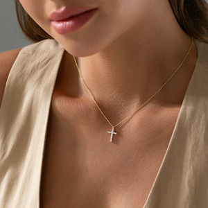 14k Gold Cross Necklace, Cross Necklace, Christian Gifts, Minimalist Necklace, Baptism necklace, Christmas Gift , Hallowen gift , Women gift image 4