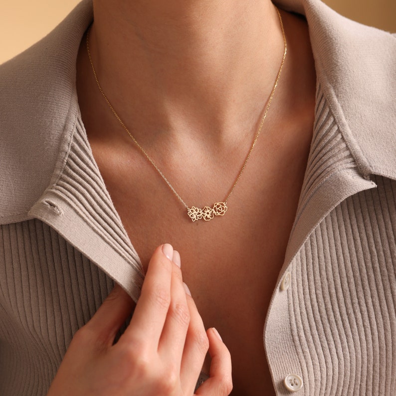 14K Massivgold Geburtsblumen Halskette, Familienkette für Mama, Geburtsblumenschmuck, personalisierte Geschenke, Muttertagsgeschenke, Geschenk für Oma Bild 9