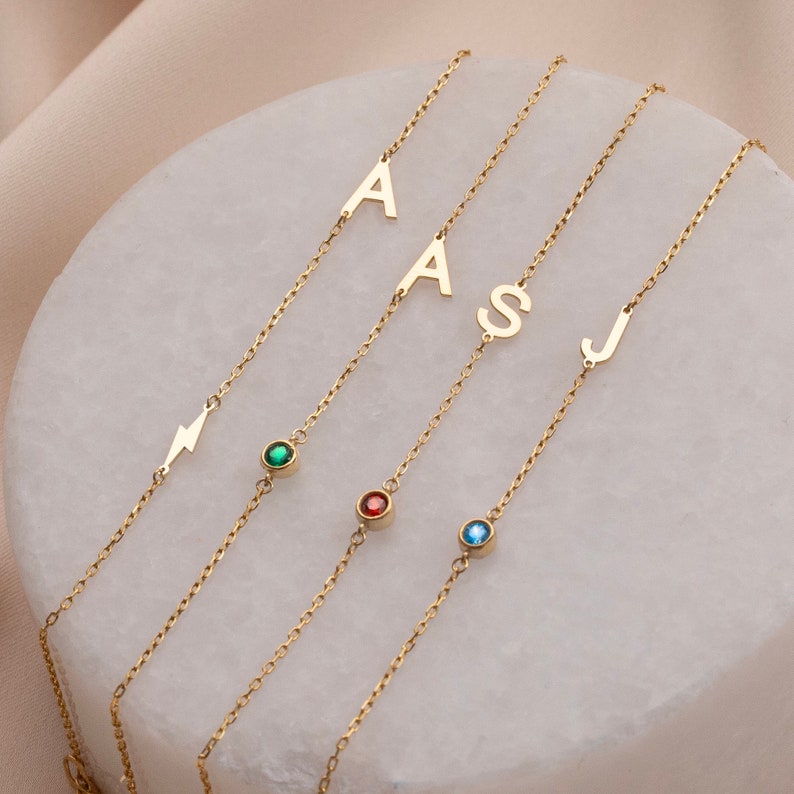 14k Gold initial Bracelet , Personalized Birthstone initial Bracelet , Letter Bracelet, Personalized jewelry, Gift for Her, Mothers Day Gift image 2