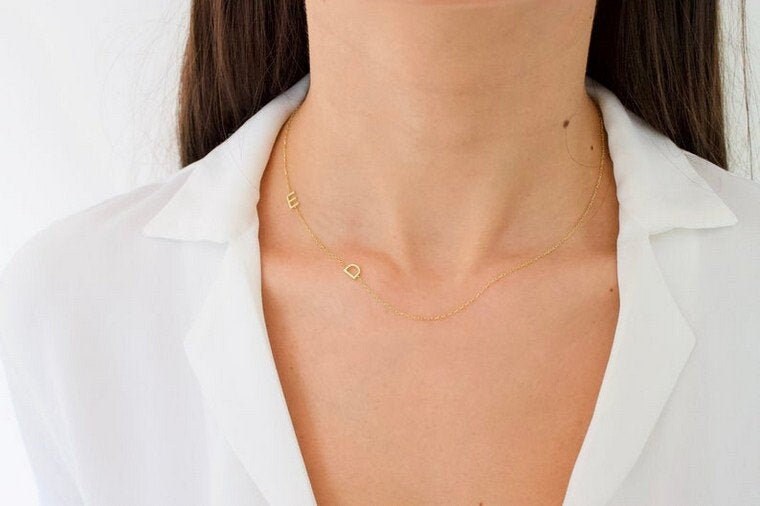 Sideways diamond initial necklace 14k gold