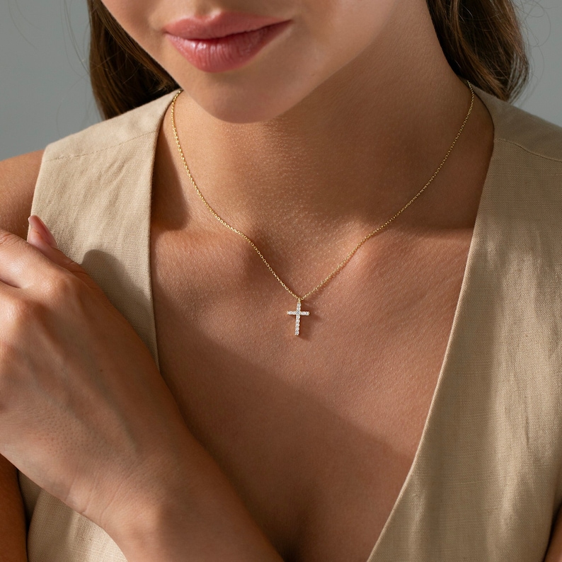 14k Gold Cross Necklace, Cross Necklace, Christian Gifts, Minimalist Necklace, Baptism necklace, Christmas Gift , Hallowen gift , Women gift image 1