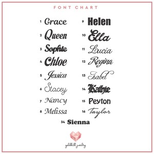 May include: A chart with 16 different names written in a variety of cursive fonts. The names are numbered 1 through 16. The chart is titled "FONT CHART".