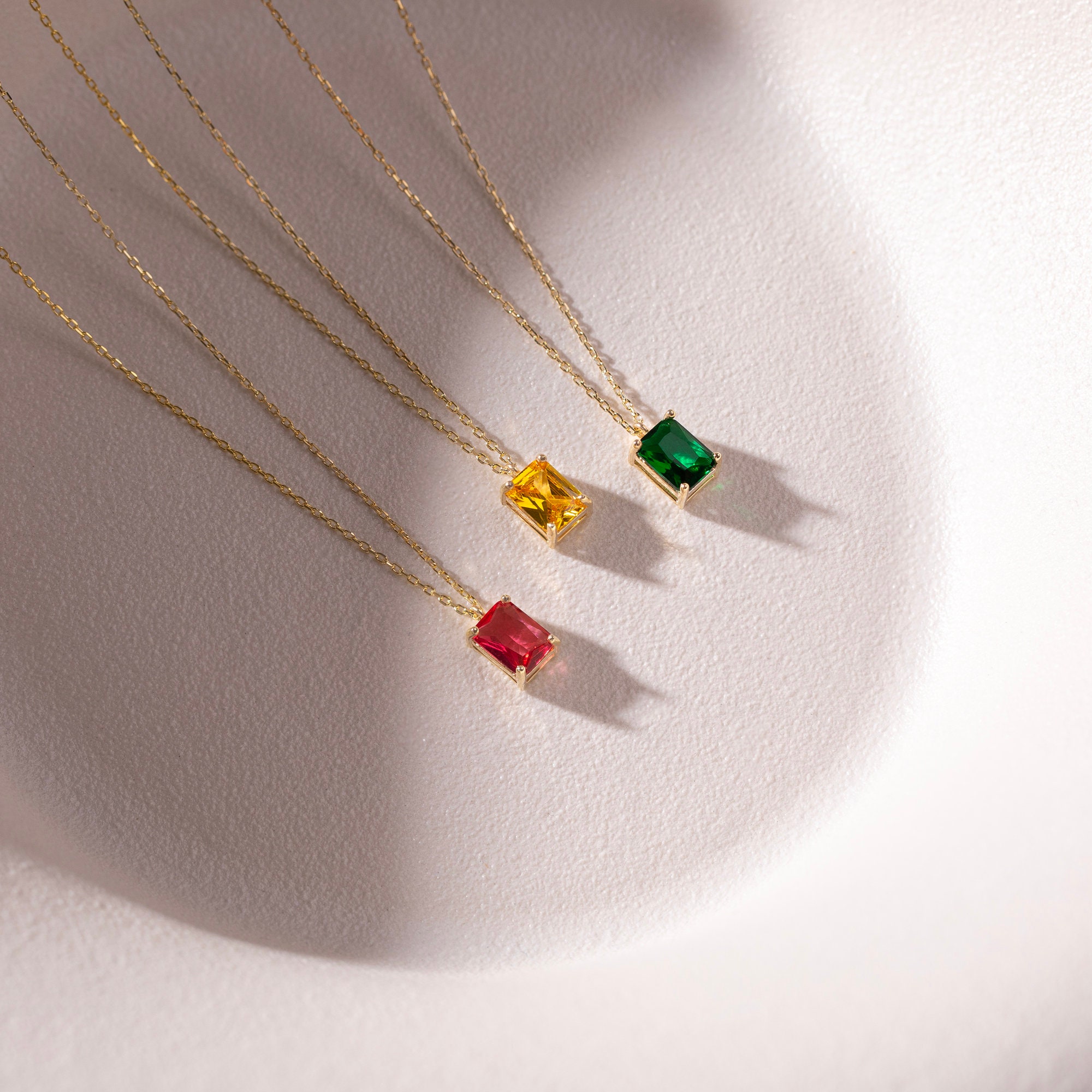 14k Solid Gold Rectangle Emerald Necklace, 10k Gold Minimalist Necklace ...
