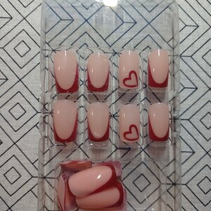 Short Basic Red Frenchie w/ Hearts Valentines Nails