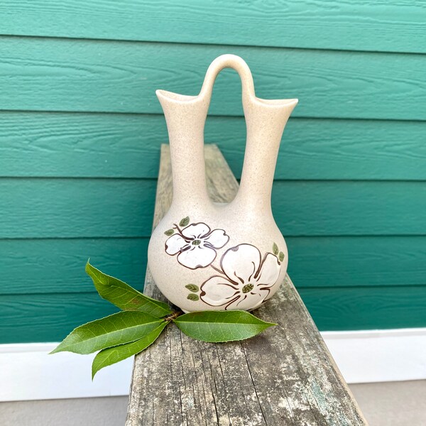 Pigeon Forge Pottery Dogwood Wedding Vase, Vintage Ceramic Double Vase With White Flowers Made In Tennessee, Beautiful Mid Century Decor