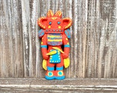 Chalkware Kachina Doll Wall Plaque, Vintage Hopi Southwest Art By Holly Enterprises, Labeled Hu Kachina W Bold Orange, Yellow Blue Colors