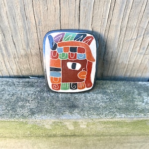 Mayan Folk Art Brooch, Vintage Handmade Colorful Rectangle Clay Mexican Pin, On-Of-A- Kind Pre-Columbian Design Fashion Accessory