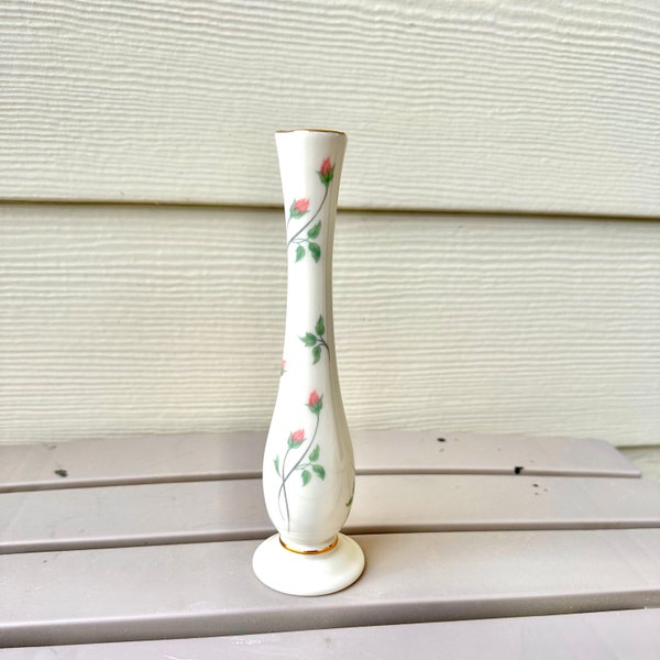 Rose Bud Vase, Vintage Lenox Rose Manor Porcelain W/Gold Trim, Romantic Floral Decor