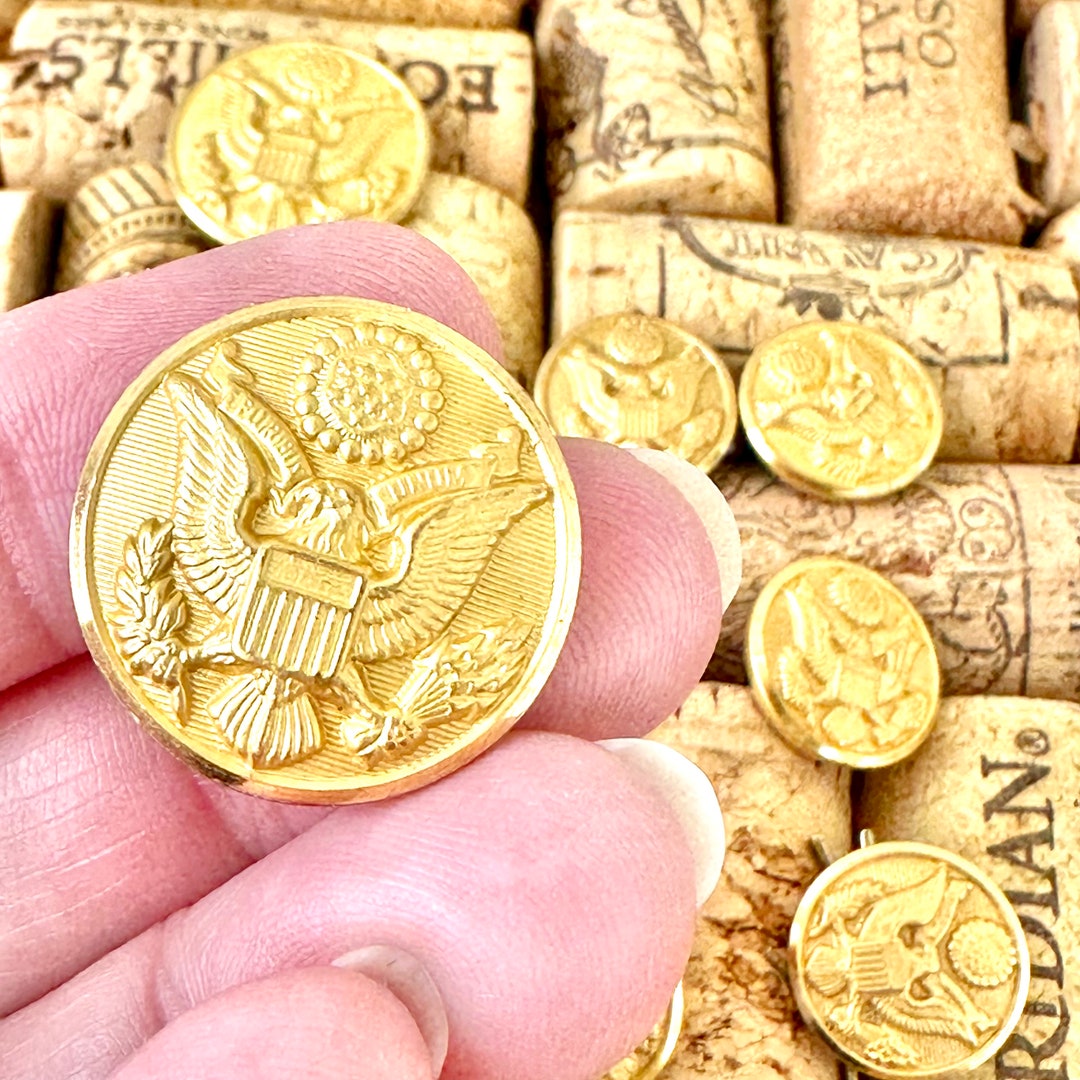 10 Army Dress Uniform Buttons, Vintage American Eagle Gold Toned Metal