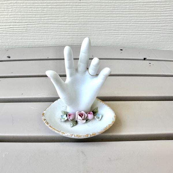 Feminine Hand Ring Dish, Vintage Lefton China #1518 Bisque Porcelain Floral Hand Triangle Trinket Dish/Ring Display