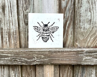 Linocut Bee Pint, Handmade Black & White Bumblebee Linoleum Block Print, 6” by 6” Unframed Contemporary/Boho Wall Hanging, Living Room Decor