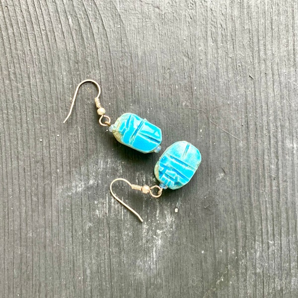 Egyptian Blue Ceramic Scarab Earrings, Vintage Handmade Fiancée Beetle, Bead & Wire Dangle Earrings, Egypt Art Jewelry, Artist Signed