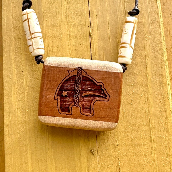 Spirit Bear Secret Box Necklace, Vintage Laser Carved Heartwood W/Sliding Dovetail Lid, Leather Chain & Faux Bone Beads, Native American