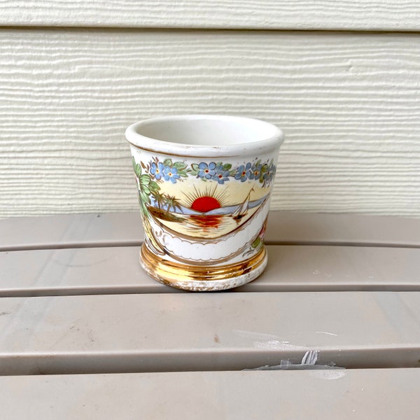 Banner Tropical Sunset Shaving Mug, Antique 1900’s Hand Painted W/Gilt Blank Banner Floral/Sailing Design Cup, Men’s Grooming Gift