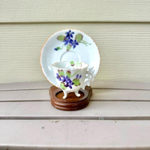 Violet Demitasse Set, Vintage Hand Painted Porcelain Purple Floral Cup & Saucer W/Scalloped Edge - Gold Trim, Dainty 2 Ounce Teacup