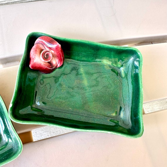 2 3D Rose Ring Dishes, Vintage Ceramic Dark Green… - image 5