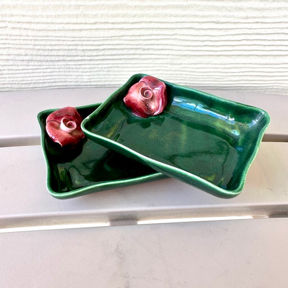 2 3D Rose Ring Dishes, Vintage Ceramic Dark Green… - image 9